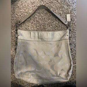 Coach Zoe Signature C Metallic Gray Canvas Leather Trim Shoulder Bag